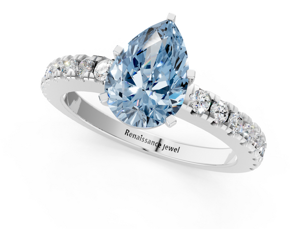 Platinum Fancy Blue Pear  Solitaire Diamond with Pavé Band and Four-Prong Setting