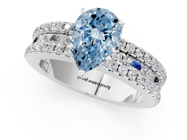 White gold Fancy Blue Pear Cut Diamond Solitaire Ring with Pavé and Channel Set Band