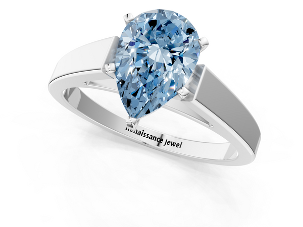 White gold Fancy Blue Pear  Solitaire Engagement Ring with Four-Prong Setting and Tapered Band