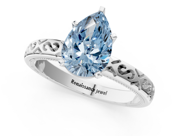 White gold Fancy Blue Pear  Solitaire Engagement Ring with Scrollwork Band and Four-Prong Setting