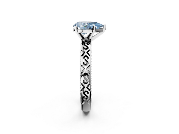 White gold Fancy Blue Pear  Solitaire Engagement Ring with Scrollwork Band and Four-Prong Setting