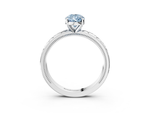 White gold Fancy Blue Pear  Solitaire Engagement Ring with Scrollwork Band and Four-Prong Setting