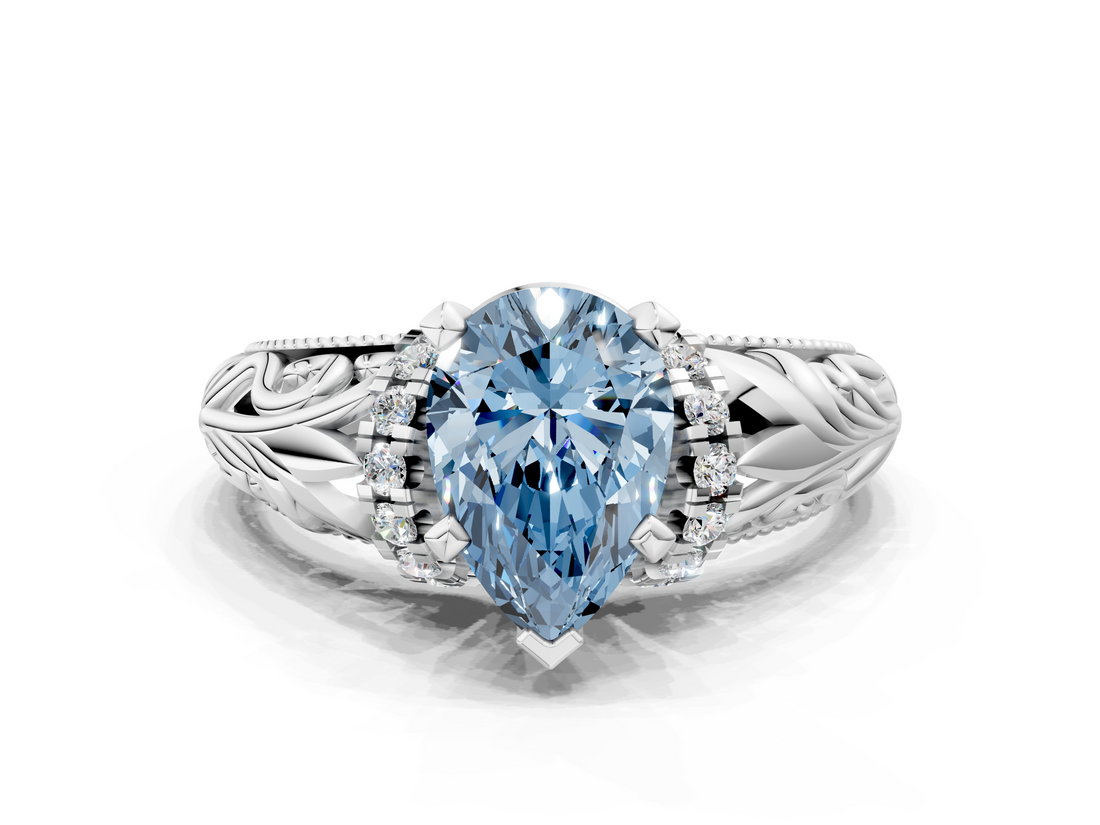 White gold Fancy Blue Pear  Solitaire Filigree Engagement Ring with Halo and Prong Setting_85