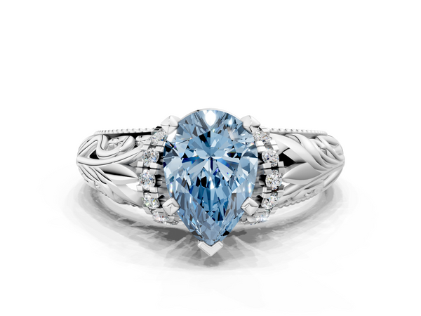 White gold Fancy Blue Pear  Solitaire Filigree Engagement Ring with Halo and Prong Setting