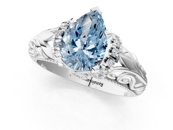 White gold Fancy Blue Pear  Solitaire Filigree Engagement Ring with Halo and Prong Setting