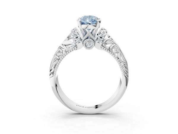 White gold Fancy Blue Pear  Solitaire Filigree Engagement Ring with Halo and Prong Setting