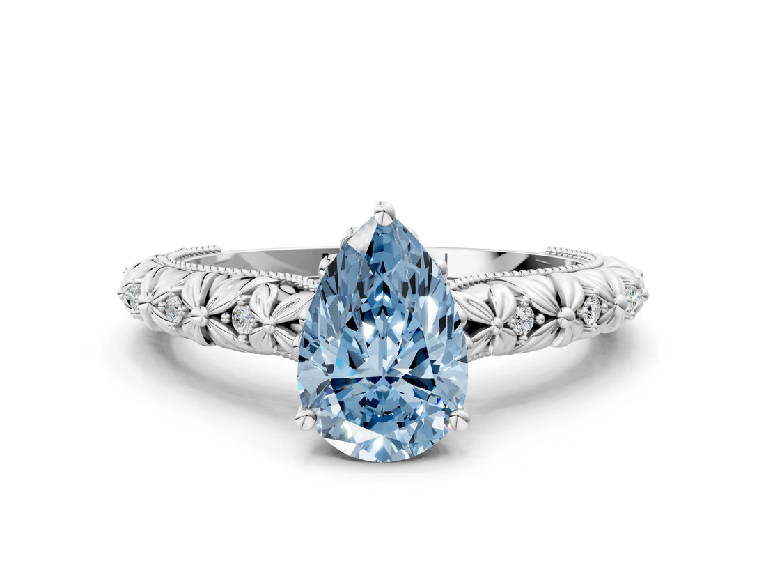 White gold Fancy Blue Pear  Solitaire Floral Milgrain Engagement Ring_23