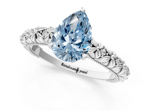White gold Fancy Blue Pear  Solitaire Floral Milgrain Engagement Ring