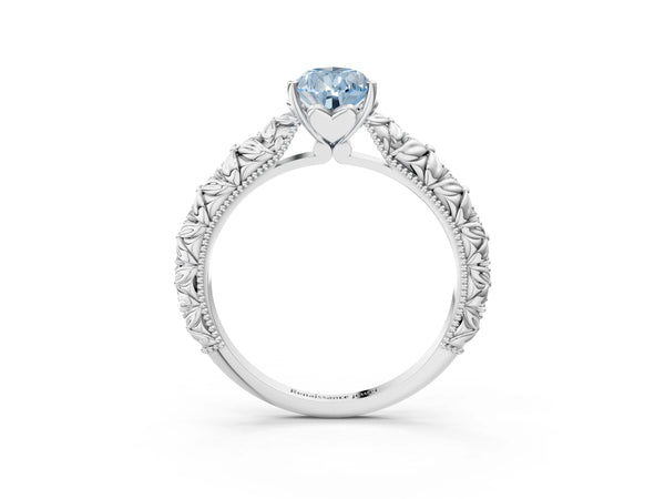 White gold Fancy Blue Pear  Solitaire Floral Milgrain Engagement Ring