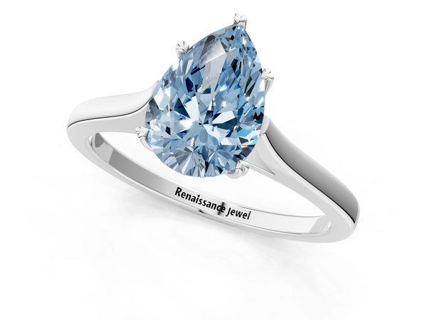 White gold Fancy Blue Pear  Solitaire Heart Prong Engagement Ring with Tapered Band