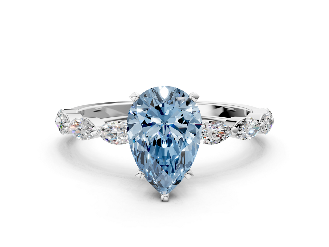 White gold Fancy Blue Pear  Solitaire Marquise Side Stone Prong Setting Ring_44