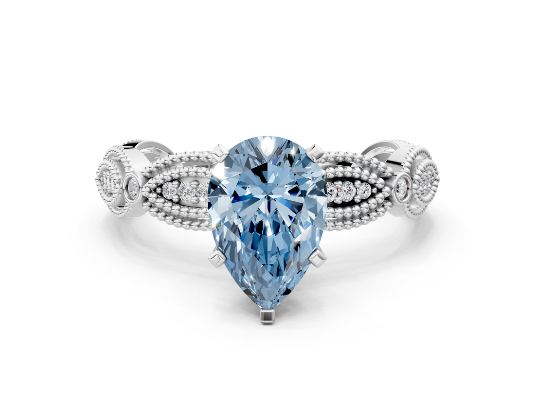 White gold Fancy Blue Pear  Solitaire Milgrain Diamond Engagement Ring with Bezel and Marquise Band_142