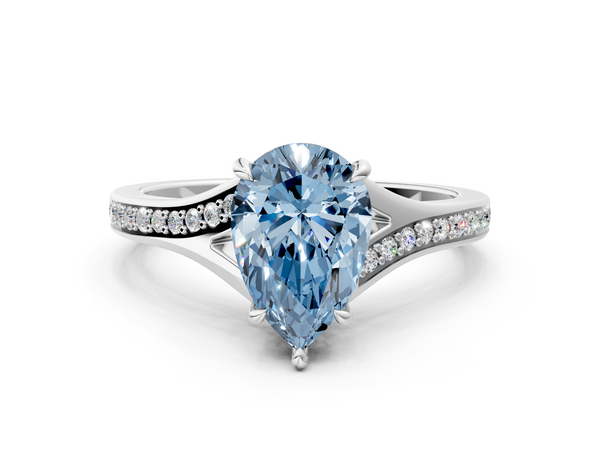 White gold Fancy Blue Pear Cut Diamond Solitaire Ring with Pavé Band and Prong Setting
