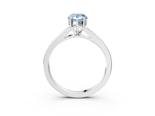 White gold Fancy Blue Pear Cut Diamond Solitaire Ring with Pavé Band and Prong Setting