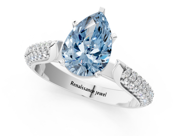 Platinum Fancy Blue Pear  Diamond Solitaire Engagement Ring with Pavé Band and Four-Prong Setting