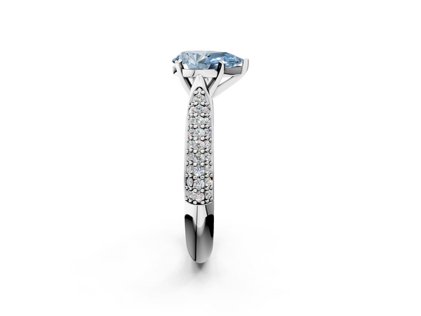 Platinum Fancy Blue Pear  Diamond Solitaire Engagement Ring with Pavé Band and Four-Prong Setting
