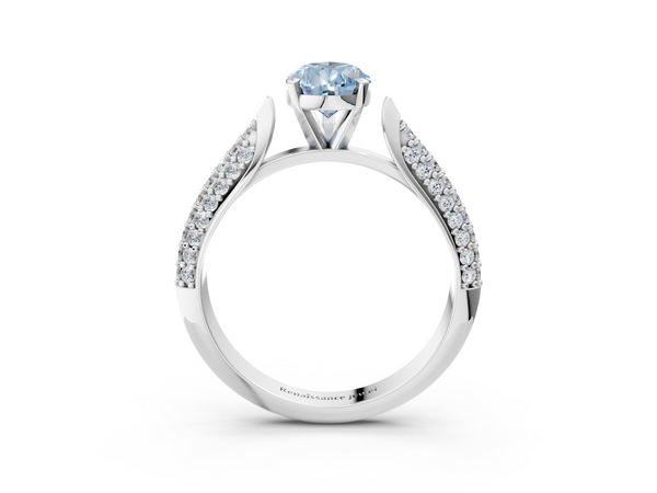 Platinum Fancy Blue Pear  Diamond Solitaire Engagement Ring with Pavé Band and Four-Prong Setting