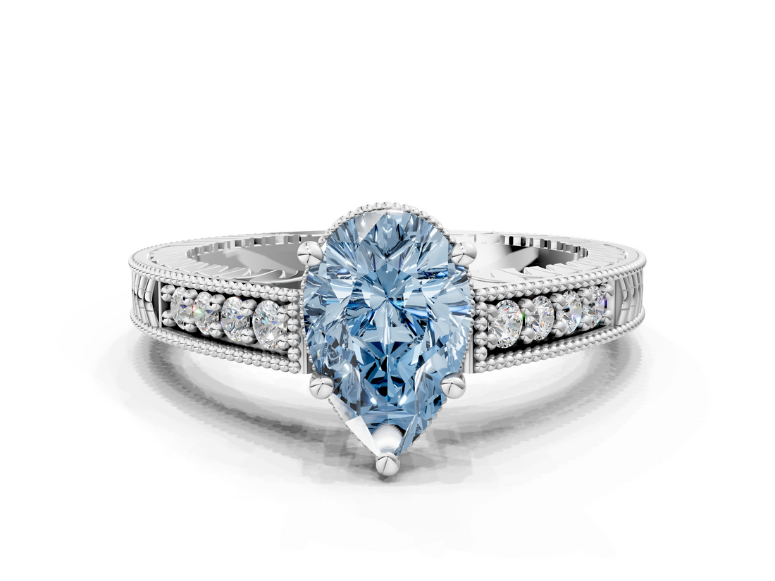 White gold Fancy Blue Pear  Solitaire Pavé Diamond Milgrain Engagement Ring with Four-Prong Setting_3
