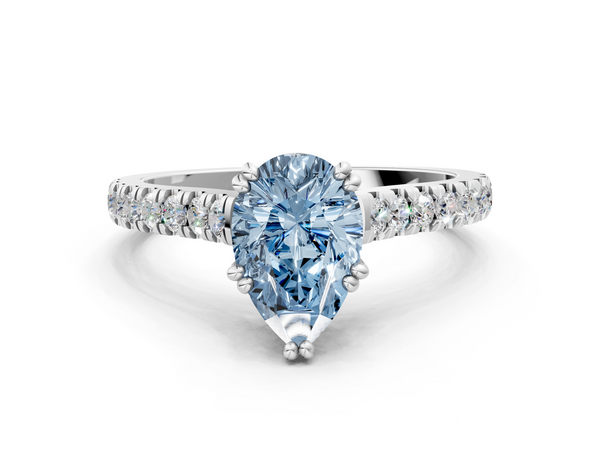 White gold Fancy Blue Pear  Solitaire Pave Diamond Engagement Ring with Prong Setting
