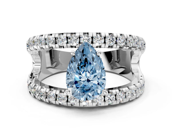 White gold Fancy Blue Pear  Solitaire Split Shank Pave Diamond Ring