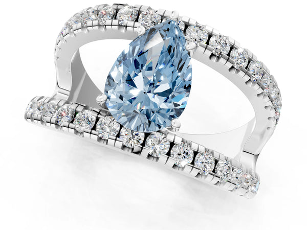 White gold Fancy Blue Pear  Solitaire Split Shank Pave Diamond Ring