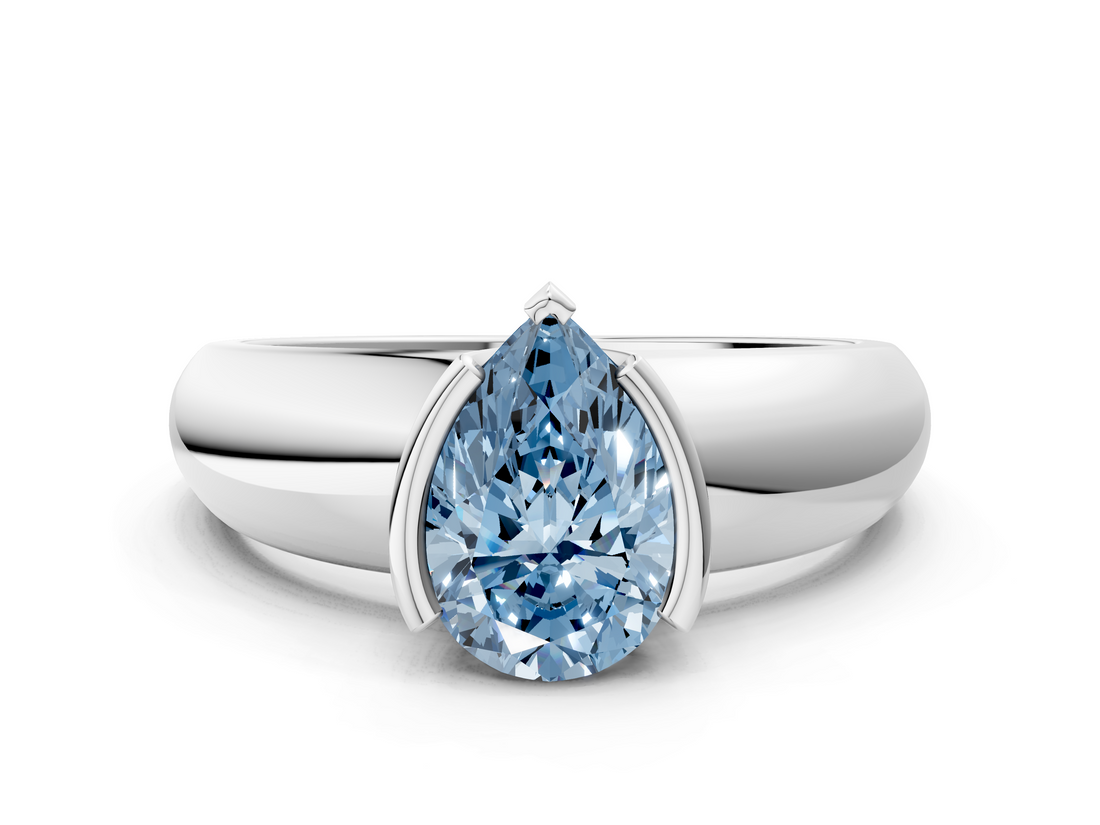 White gold Fancy Blue Pear  Solitaire Tension Set Diamond Ring with Wide Band_37