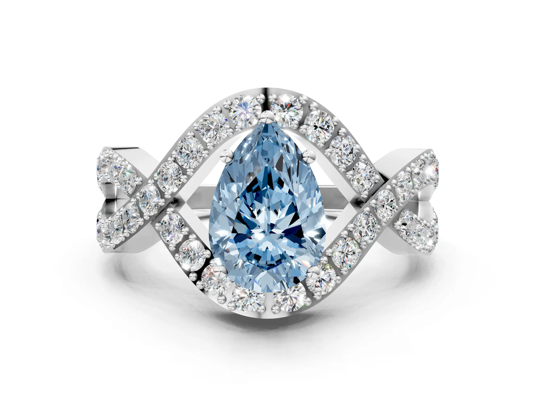 White gold Fancy Blue Pear  Solitaire Twist Band Pavé Diamond Engagement Ring_31