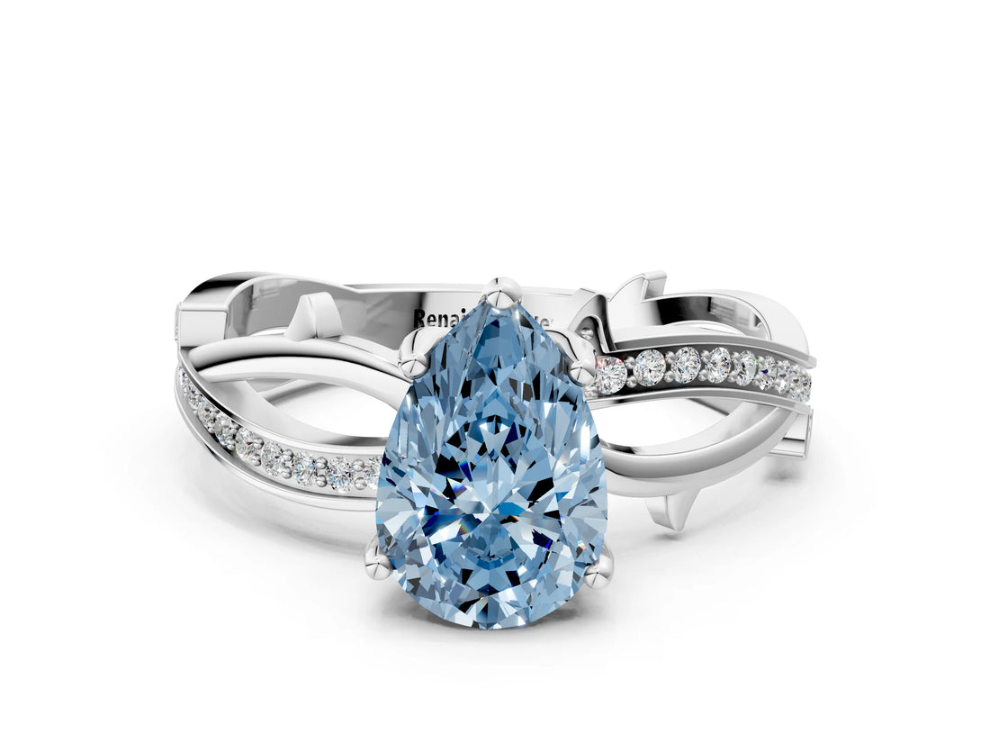 White gold Fancy Blue Pear  Solitaire Twist Band with Pavé Accents and Four-Prong Setting_20