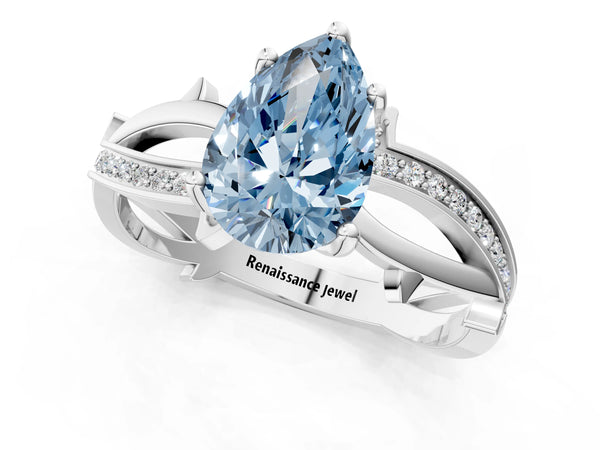 Platinum Fancy Blue Pear  Solitaire Twist Band with Pavé Accents and Four-Prong Setting
