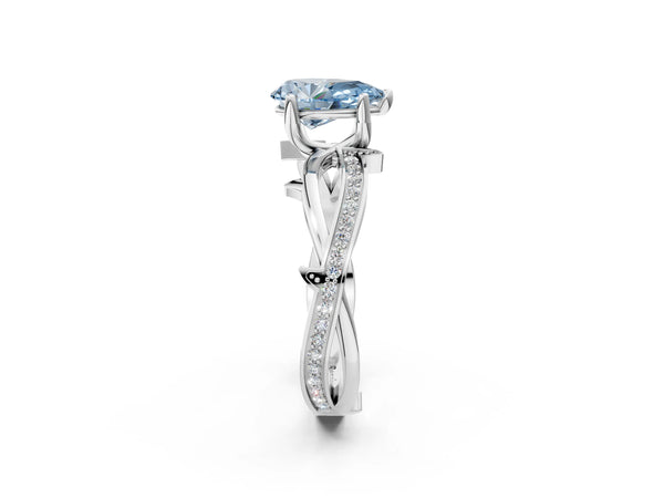 Platinum Fancy Blue Pear  Solitaire Twist Band with Pavé Accents and Four-Prong Setting