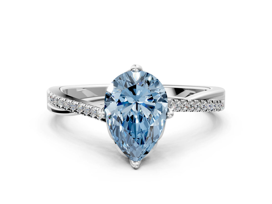 White gold Fancy Blue Pear  Solitaire Twist Band with Pavé Diamonds and Four-Prong Setting_84