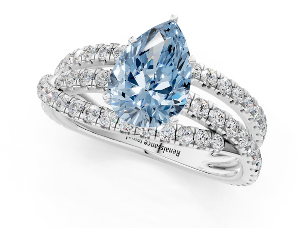 White gold Fancy Blue Pear  Solitaire Twist Band with Pavé Setting and Four-Prong Setting