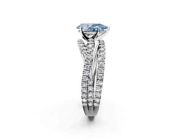 White gold Fancy Blue Pear  Solitaire Twist Band with Pavé Setting and Four-Prong Setting