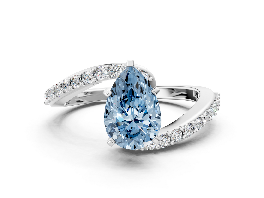 White gold Fancy Blue Pear  Solitaire Twist Band with Pave Set Diamonds and Four-Prong Setting_109