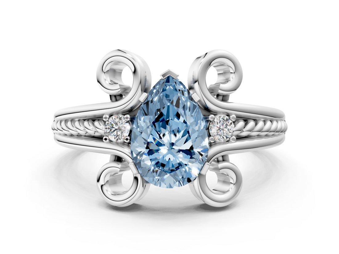 White gold Fancy Blue Pear  Solitaire Twisted Band Scroll Prong Ring_3