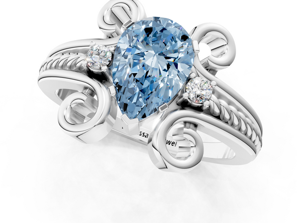 White gold Fancy Blue Pear  Solitaire Twisted Band Scroll Prong Ring