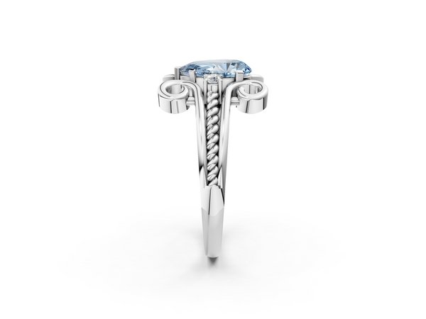 White gold Fancy Blue Pear  Solitaire Twisted Band Scroll Prong Ring