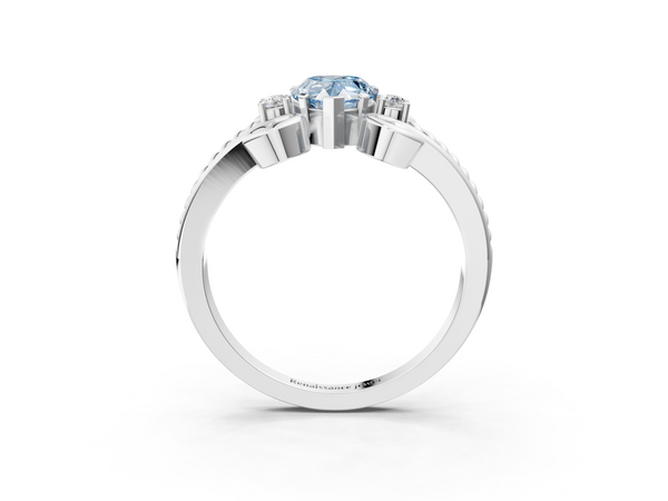 White gold Fancy Blue Pear  Solitaire Twisted Band Scroll Prong Ring