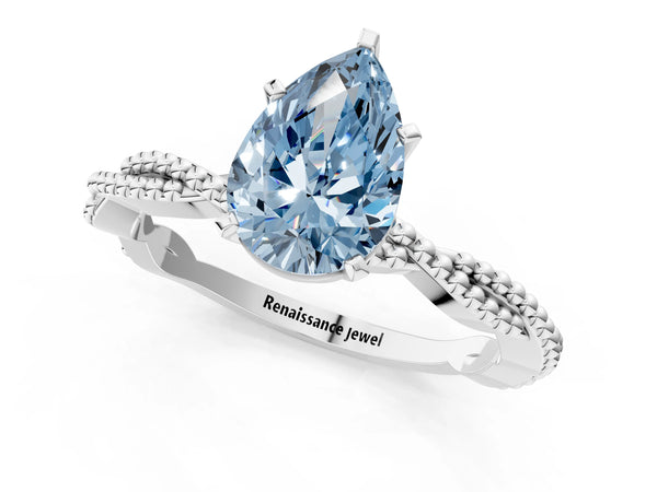 White gold Fancy Blue Pear  Solitaire Twisted Band with Bead Prong Setting