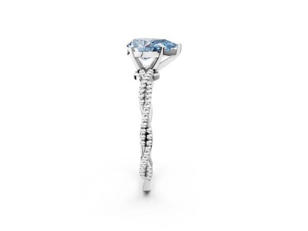 White gold Fancy Blue Pear  Solitaire Twisted Band with Bead Prong Setting
