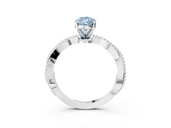 White gold Fancy Blue Pear  Solitaire Twisted Band with Bead Prong Setting