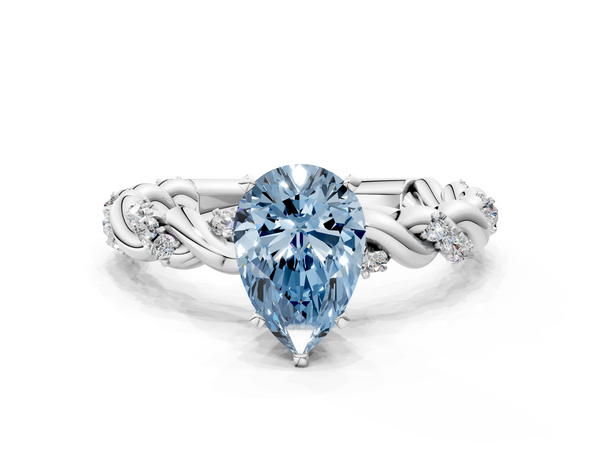 White gold Fancy Blue Pear Cut Diamond Solitaire Ring with Twisted Band and Pavé Accents