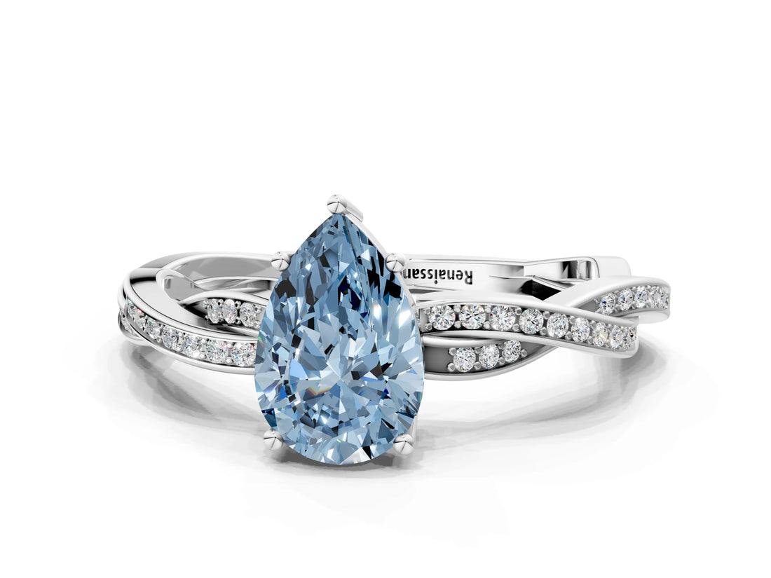 White gold Fancy Blue Pear  Solitaire Twisted Pave Diamond Ring with Four-Prong Setting_129
