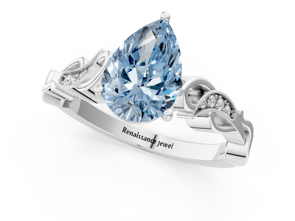 Platinum Fancy Blue Pear  Solitaire Vine Band with Milgrain Prong Setting