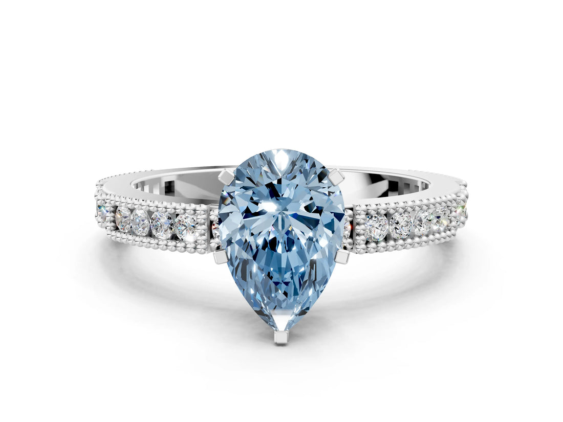 White gold Fancy Blue Pear  Solitaire with Pavé Band and Four-Prong Setting_302