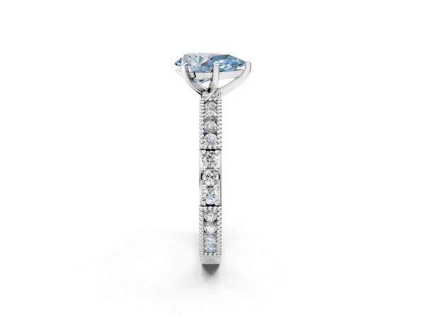 White gold Fancy Blue Pear  Solitaire with Pavé Band and Four-Prong Setting