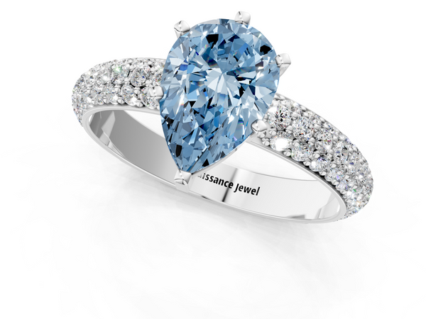 White gold Fancy Blue Pear  Diamond Solitaire Ring with Prong Setting and Pavé Band