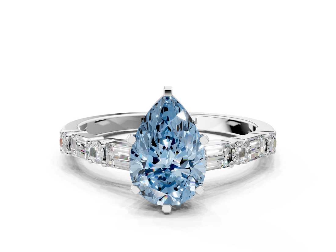 White gold Fancy Blue Pear  Solitaire with Side Baguettes and Channel Set Band_79