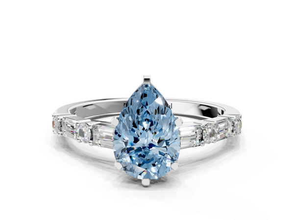 White gold Fancy Blue Pear Cut Diamond Solitaire with Side Baguettes and Channel Set Band