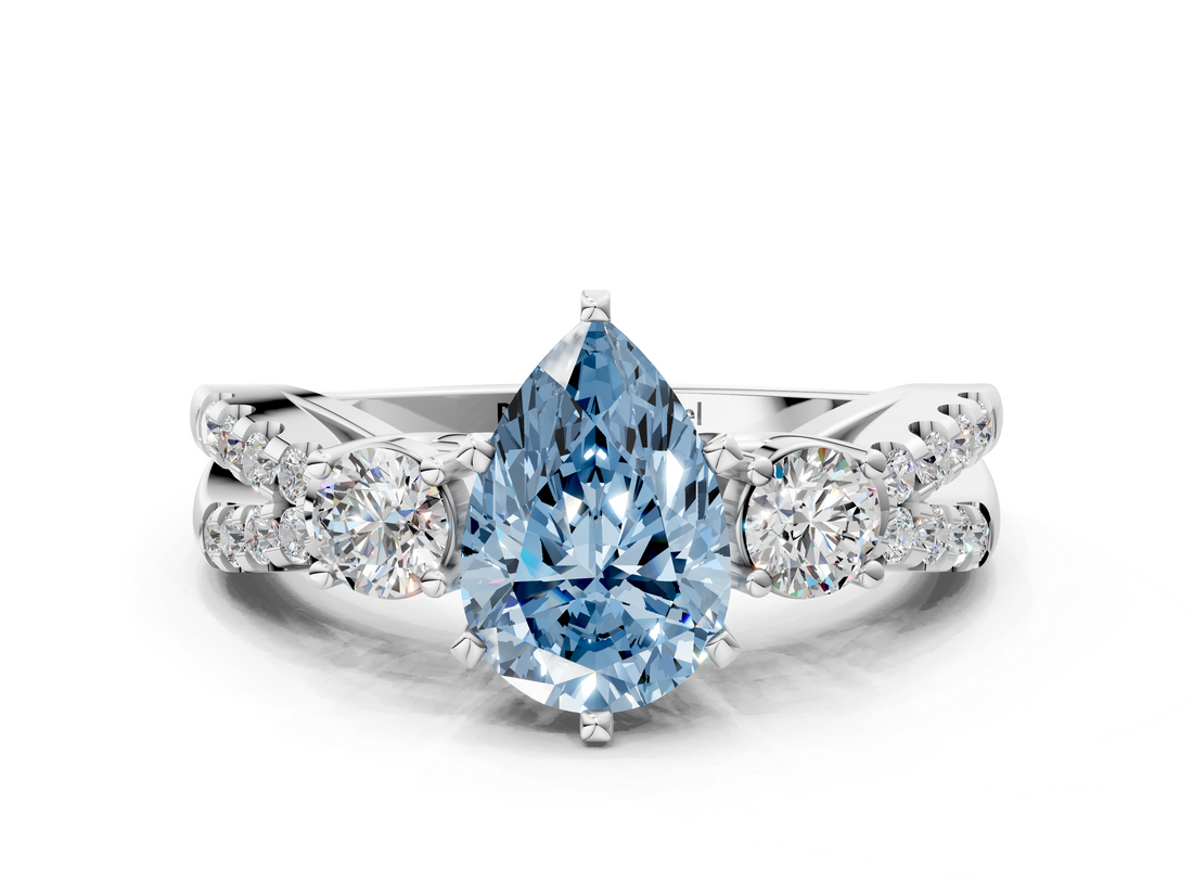 White gold Fancy Blue Pear  Three-Stone Diamond Ring with Pavé Split Shank and Four-Prong Setting_113